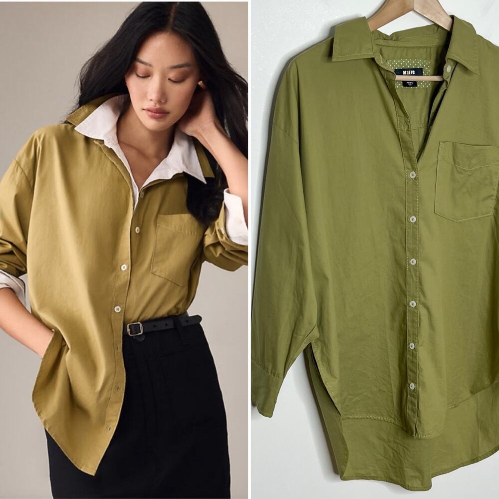 Anthropologie Maeve Women Bennet Button Down Shirt Small Green Side Slits Cotton - Picture 1 of 13